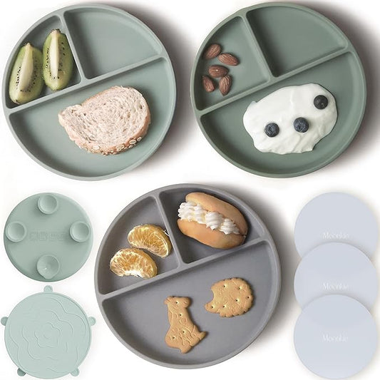 Moonkie Suction Plates for Baby | 100% Silicone BPA-Free Baby Plates with Lids and Food Cover | Divided Design | Microwave and Dishwasher Safe | Toddler Plates 3 Pack