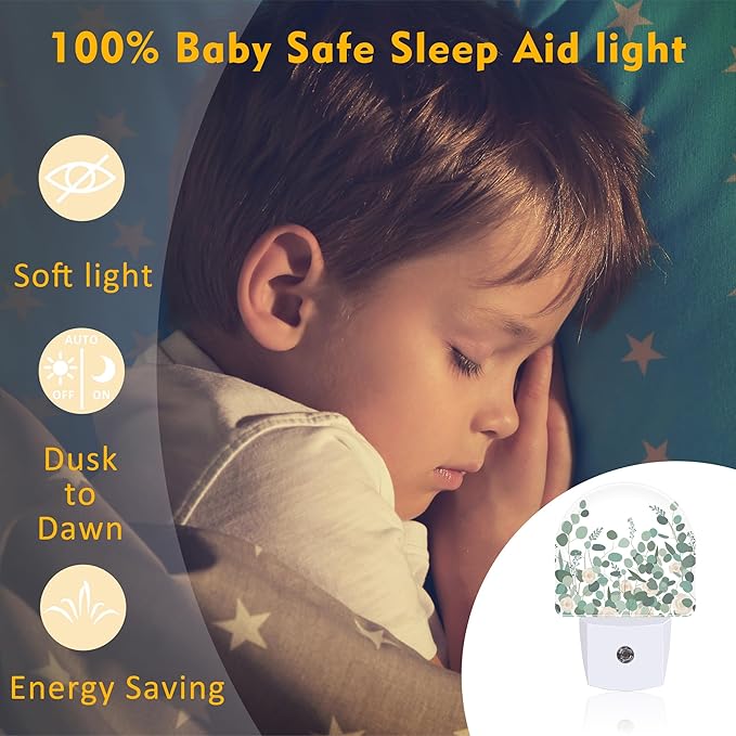 Green Eucalyptus and Rose Flowers Night Light for Kids,Watercolor Botanical Floral Leaves Night Light Plug in with Dusk to Dawn Sensor,0.5w Energy Saving S Nightlight for Boys Girls Home Decor