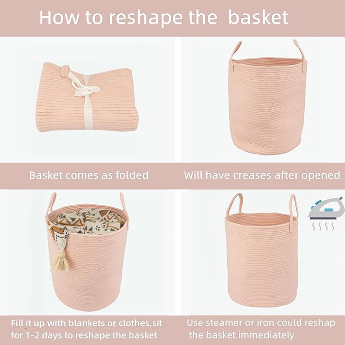 Cotton Rope Laundry Basket Hamper for Clothes Woven Storage Basket for Living Room Bedroom Boho Tall Rope Baskets for Blanket Toys Pillow Towels Baby Nursery Hamper Bin coral pink