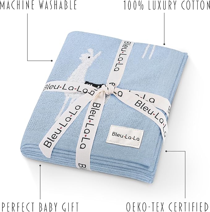 Baby Receiving Swaddle Stroller Blanket - 100% Fine Loomed Cotton Cozy Cuddle Crib Stroller Unisex Quilt Knit Blanket for Newborns Infants Toddler Boys and Girls (Llama - Baby Blue)