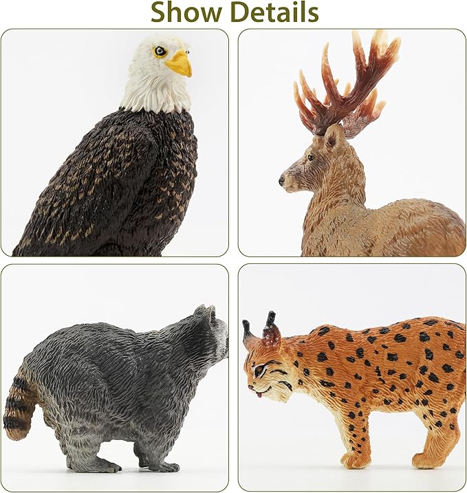 Toymany 12PCS North American Forest Animal Figurines, Realistic Jungle Animal Set Includes Moose,Cougar,Wolf,Bear,Eagle,Deer Educational Toy Cake Toppers Christmas Birthday Gift for Toddlers Kids 3-5