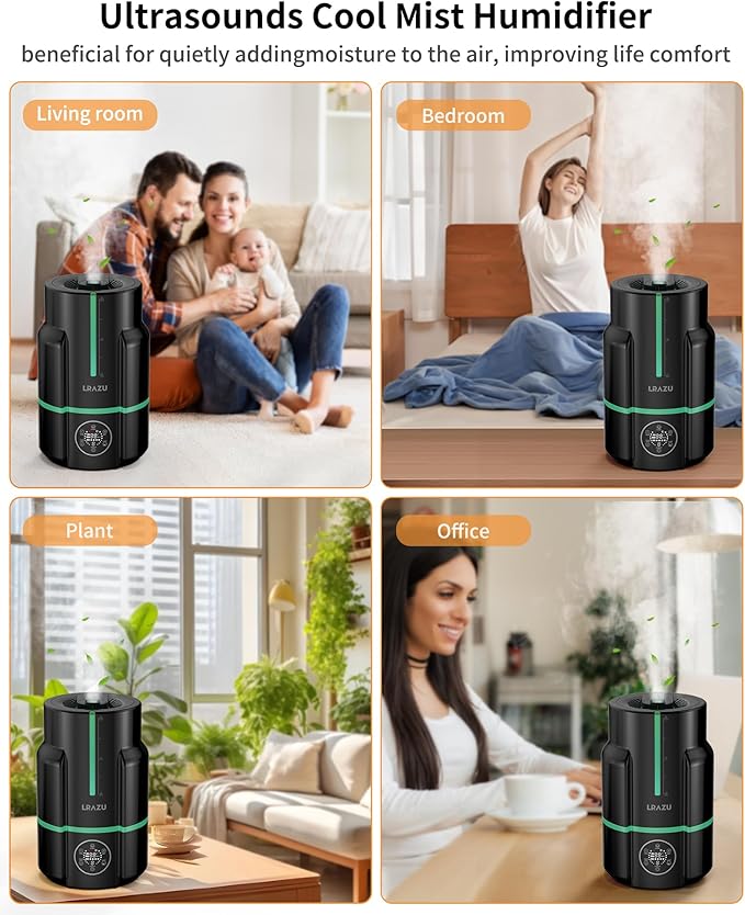 6L Humidifiers for Bedroom, 60H Runtime 26 dB Quiet Supersized Cool Mist Air Humidifiers for Large Room, Baby Nursery, Plant, Indoor, Night Light, Easy to Clean, Precise Humidity Control