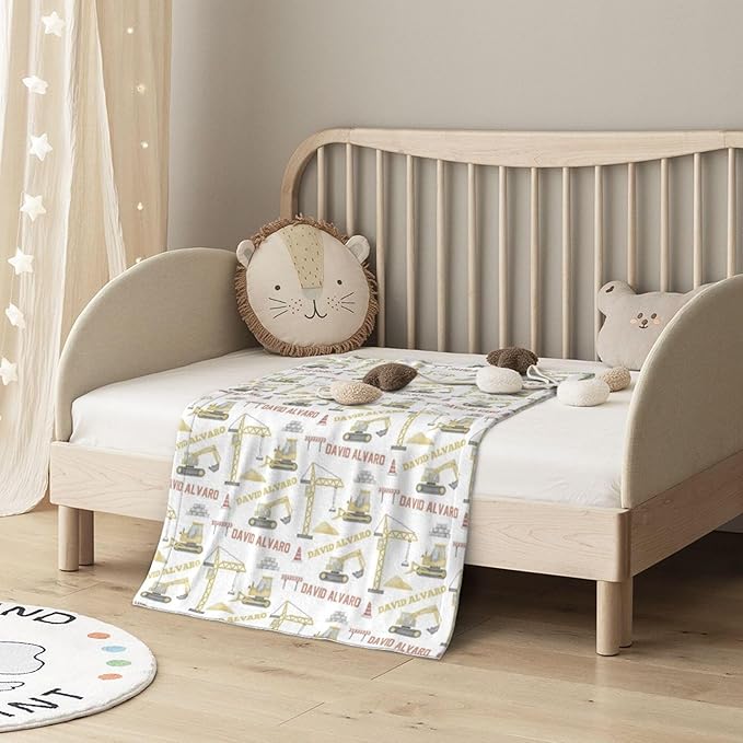 Ship Next Day, Personalized Baby Blanket for Boys Girls - Printed in USA, Custom Name Toddler Blanket with Excavator Pattern, Perfect Newborn Gift