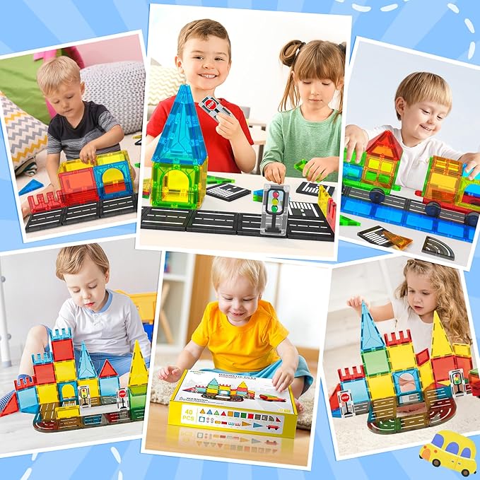 Magnetic Tiles Road Sets with Car, Magnetic Building Blocks Toys for 3+ Year Old Boys Girls, Montessori Magnet Kids Toys, Construction Toys for Ages 3 4 5 6 7 8 Christmas Birthday Gifts for Toddlers