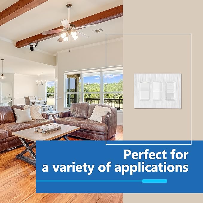 LIDER Brushed Finish Decorator Switch Cover, Screwless Wall Plate, Mid-Size 3-Gang 4.88" x 6.77", Unbreakable Polycarbonate Thermoplastic, UL Listed, LSWP-33M-BW, Brushed White