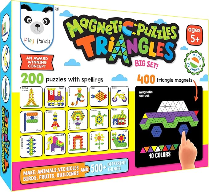 Magnetic Tangram Puzzles Toys for Kids | 400 Magnet Triangles Shapes with 200 Patterns Booklet, Board & Display stand | STEM Educational and learning Games for Ages 4 5 6+ Years|Gifts for Girls & Boys