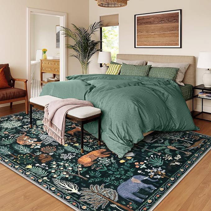 OJIA Jungle Print Nursery Rugs 8x10 Kids Room Rugs for Living Room Playroom, Green Soft Bedroom Rug Washable Area Rugs 8x10, Modern Dining Room Rug Stain Resistant Floor Carpet for Office, Green