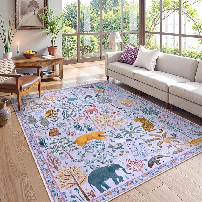 OJIA Animal Print Nursery Rugs Washable Area Rugs 5'x7', Soft Kids Room Rug Ultra-Thin Non-Slip Modern Living Room Carpet, Stain Resistant Throw Carpet for Bedroom Playroom Dining Room