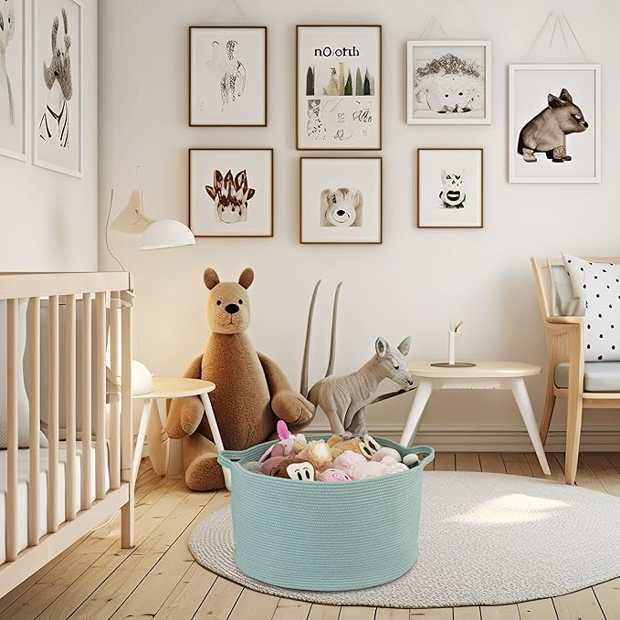 Large Cotton Rope Basket – 22"x14" Woven Storage Basket for Blankets, Toys, Laundry, and Nursery – Round Baskets for Living Room, Kids, and Pets Light Green