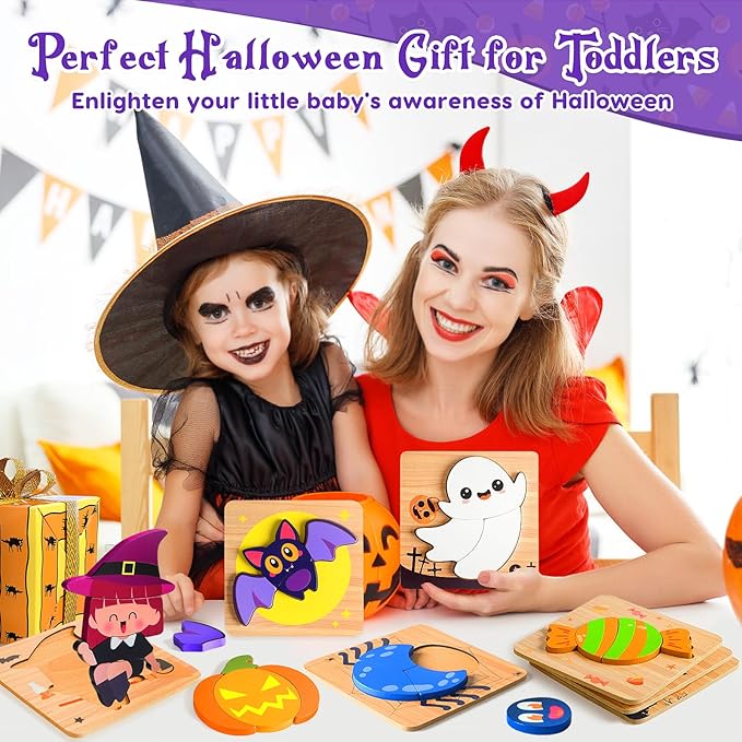 Halloween Wooden Puzzles Toys for Toddlers 1-3, for Baby Boys Girls, Halloween Toys for 1 2 3 Year Old Learning, Halloweens Party Favors for Kids, Trick or Treat Goodie Bag Fillers