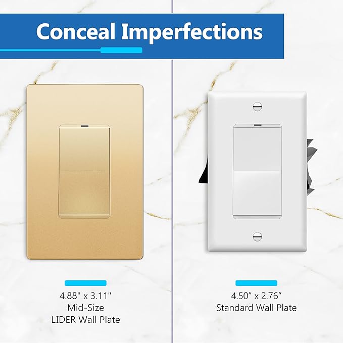 LIDER Matte Finish Decorator Switch Cover, Screwless Wall Plate, Mid-Size 1-Gang 4.88" x 3.11", Unbreakable Polycarbonate Thermoplastic, UL Listed, LSWP-31M-GD, Gold