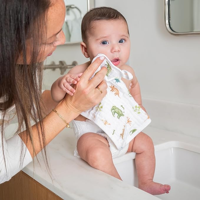 aden + anais Essentials Washcloth 3-Pack, Super Soft 100% Cotton Muslin, Gentle on Skin, 3 Absorbent 11x11 Layers, Softer with Every Use, Perfect for Babies, Infants, Toddlers, Dino Jungle