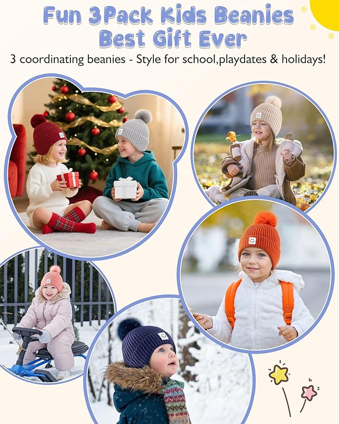 3 Pack Baby Winter Hats with Earflaps, 2 Size Kids Pom Pom Beanie for Infant Toddler Children, Smiley Face Hat for Girls Boys