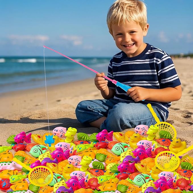 62Pcs Magnetic Fishing Game for Kids, Bathtub Kiddie Party Toy, Plastic Floating Fish with Pole Rod Net, Bath Toys for Kids Ages 4-8