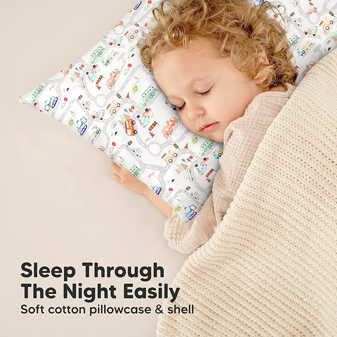 Toddler Pillow with Pillowcase - 13x18 My Little Dreamy Kids Travel Bed Pillows for Sleeping, Organic Cotton Small Pillowcase, Soft & Breathable, Machine Washable, Toddlers 2-5 Years Old (Roadway)