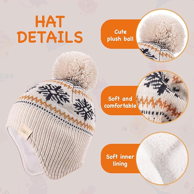 Beanie Knit Hats for Toddlers with Earflap Fleece Lined Hat Kids Warm Winter Hat Scarf Set Children's Thick Ski Cap