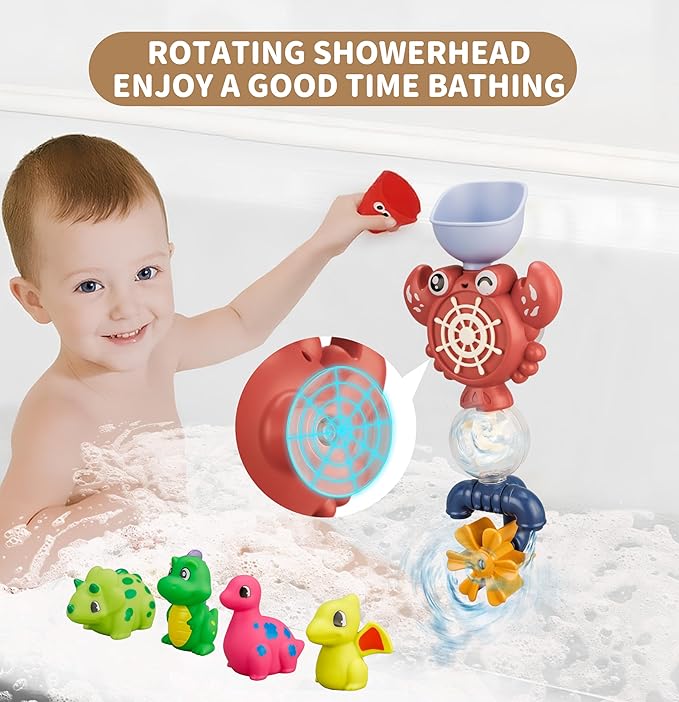 Bath Toys Set, Toddlers Bath Toys 1-3, Kid Bathtub Toy with 4pcs Dinosaur Water Spray, Fishing Games with Fish Net, Water Pool Toy , Shower Toy Gift for Boy Girl Infant