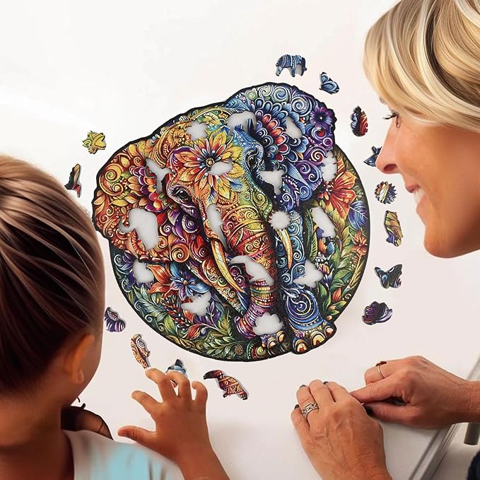 Wooden Jigsaw Puzzle for Adults - Mandala Elephant Unique Animal Shaped, 13.3x13.2in, 300 Pieces, Zen Art, Challenging and Fun Gift