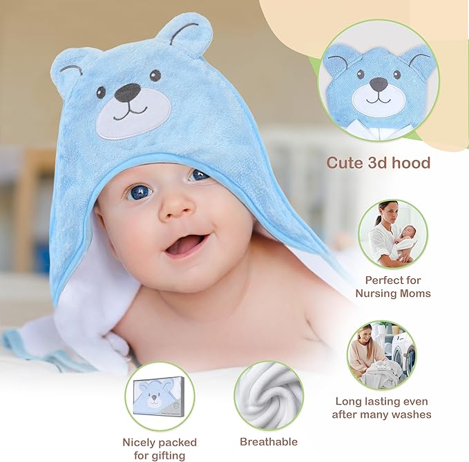 Mother's Choice Organic Baby Hooded Towel - Large Size, Cotton, Ultra-Soft & Absorbent Bath Towel for Newborns, Infants, Toddlers, Boys & Girls with Animal Hood (Blue Bear)