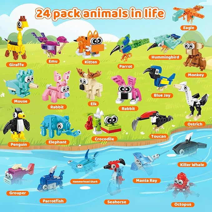 24 Pack Mini Animals Building Block Toy Stocking Stuffers Classroom Prizes Goodie Bags Fillers Building Set, Birthday Gifts Party Favors for Boys Girls Ages 6 8 10 12