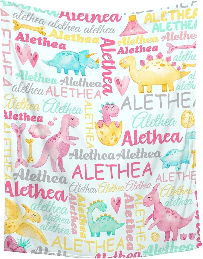 Personalized Baby Blanket for Girls Boys Dinosaur Custom Baby Blanket with Name Swaddle Blanket for Toddlers Infants Kids Shower Newborns Nursery Stroller Crib Decor Throw Birthday Gift