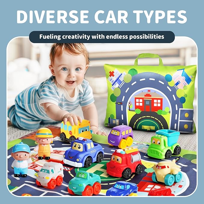 ALASOU 12 PCS Soft Rubber Car Toys for 1 Year Old Boy with Playmat/Storage Bag|1 Year Old Boy Gifts|1st Birthday Gifts for Toddler Toys Age 1-2|Baby Toys 12-18 Months