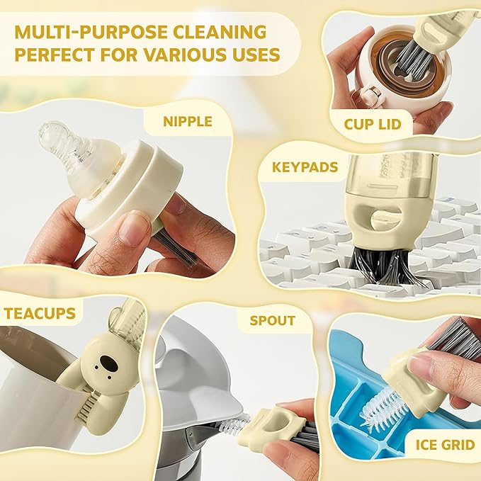 Cup Lid Cleaning Brush, Multifunctional Set with 3 in 1 Lid Cleaner and Two 4 in 1 Cup Lid Cleaning Brushes, Cleaning Brush Tool for Bottles, Straws, Tumblers, Travel Mug Caps, Portable Kit (Yellow)