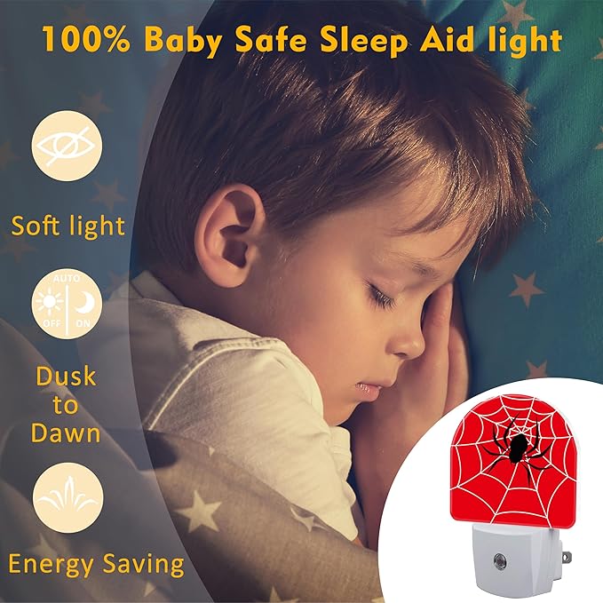 Red Spider Web Night Light Plug into Wall, Black Spider on Web Dusk to Dawn Night Light,0.5w Energy Saving Sleep Friendly Nightlights for Kids Boys Girls Home Decor