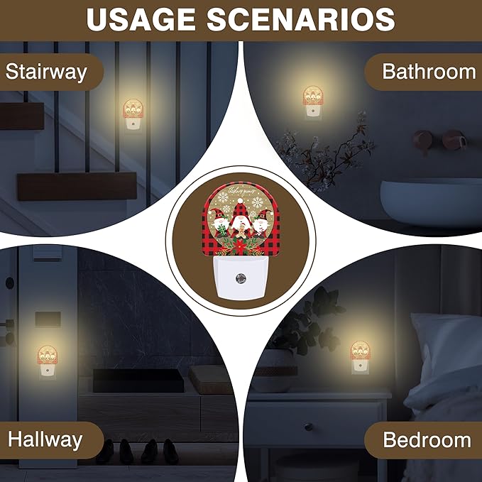 Red and Black Buffalo Plaid Night Lights Plug into Wall Christmas Gnomes Night Light Dusk to Dawn Smart Sensor Decorative Round Led Lamp for Bedroom Kitchen Hallway Nightlight for Women Men