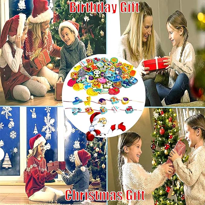 Montessori Wooden Lacing Beads for Kids,42 Pcs Preschool Activities String Car Animals Vegetables Beads Toys,Educational Threading Learning Beads Toys for Toddler 3 4 5 6 Year Old Boys Girls