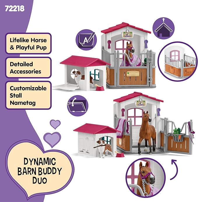 Schleich Horse Club - 32 PC Stall and Doghouse Playset with Horse Figurine and Toy Dog for Girls and Boys - Kids Ages 5+ | 72218