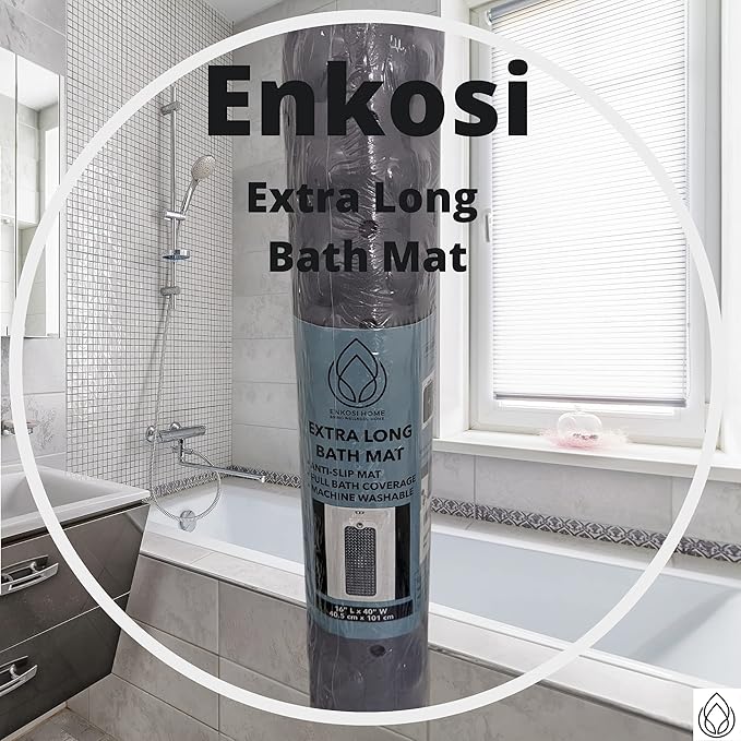 ENKOSI Bathtub Mat – 40 x 16 Inch Extra Long Non Slip Shower Mat – Anti Slip Grey Bath Mat with Suction Cups and Drain Holes – Bathroom Mat for Smooth Tubs and Shower Floors (40x16 Clear Grey)