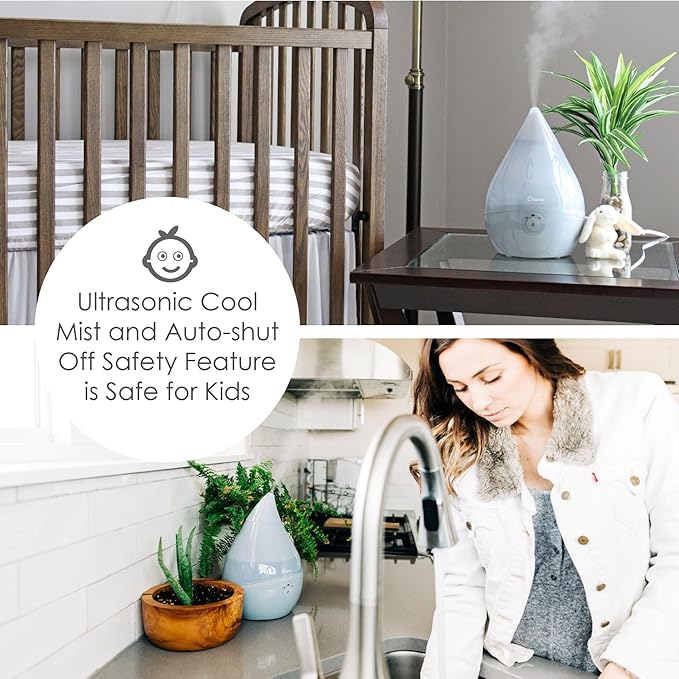 Crane Teardrop Ultrasonic Cool Mist Baby Humidifier for Nursery, Essential Oil Diffuser, Adjustable Settings, Auto Shut-Off, Grey, 0.5 Gallon