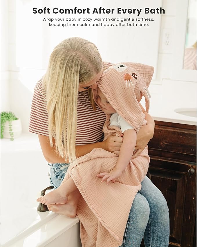Konssy 2-Pack Muslin Baby Hooded Towels, 100% Cotton, Soft and Absorbent Baby Bath Towels for Newborn, Infant & Toddler with Animal Hooded Design(Bunny & Deer)