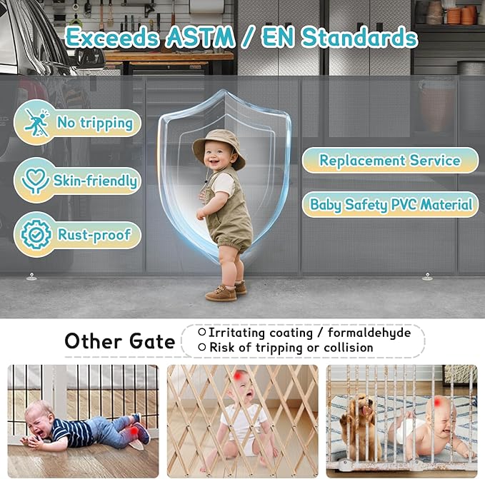 236'' Retractable Baby Gates Extra Wide, 42'' Extra Tall Retractable Dog Gate, 20 FT Grey Indoor/Outdoor Retractable Gate with Reinforcement Rods for Garage, Doorways, Stairs, Decks, Driveway, Patio