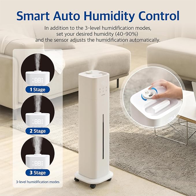 Pureal 10L Tower Humidifier, 83H Runtime, Warm & Cool Mist, Large Room, Top-Fill Tank On Wheels, Auto Mode, 12H Timer, Remote Control, Mood Light, White