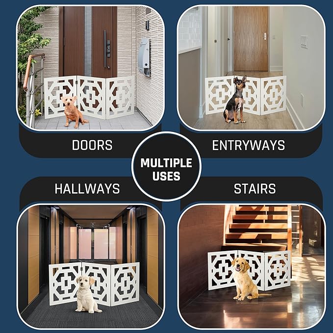 Bundaloo Freestanding Dog Gate Expandable Decorative Wooden Fence for Small to Medium Pet Dogs, Barrier for Stairs, Doorways, & Hallways