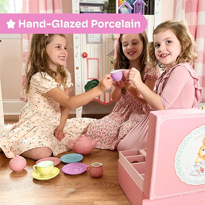 Jewelkeeper 13 Pieces Porcelain Tea Set for Little Girls with Pastel Picnic Basket - Mini Toddler Tea Sets for Girls 2 and Up - Real Cups, Teapot, and Saucers - Children Playset - Polka Dots Design