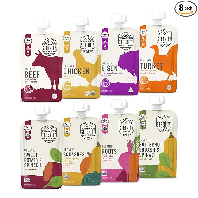 Serenity Kids 6+ Months Baby Food Pouches Puree Made with Ethically Sourced Meats & Organic Veggies - No Sugary Fruits or Added Sugar - 3.5 Oz BPA & Allergen Free Pouch- Baby Puree Variety Pack