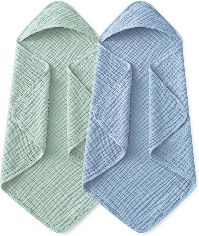 Yoofoss Hooded Baby Towels for Newborn 2 Pack 100% Muslin Organic Cotton Baby Bath Towel with Hood for Babies, Infant, Toddler and Kids, 37.5“x37.5“, Soft and Absorbent Newborn Essential,Blue&Green