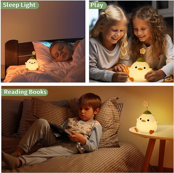 Attivolife Cute Duck Night Light, Animal Soft Silicone LED Lamp with Dimmable and Timer, Portable USB Rechargeable Bedroom Bedside Table Decor, Birthday Christmas Gifts for Girl Boy (Flower Hat)