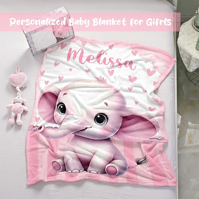 Personalized Baby Blanket for Girls, Custom Baby Blanket with Name, Soft Cozy Personalized Name Blankets for Kids, Customized Elephant Blankets for Infant Toddler Birthday Christmas