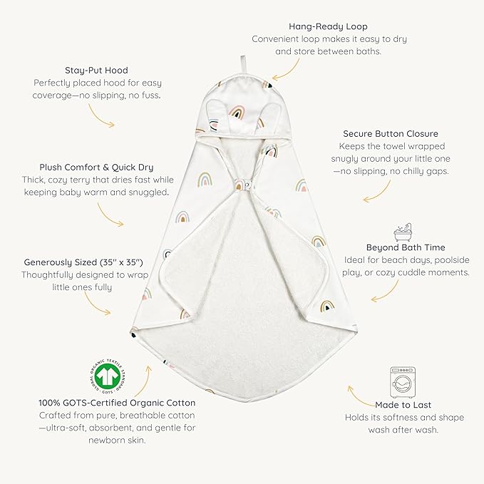 MakeMake Organics Organic Cotton Hooded Towel Baby Toddler GOTS Certified Organic Cotton Beach Poncho Towel Large Absorbent Non Toxic Neutral (Rainbow, Diagonally 35"x35")