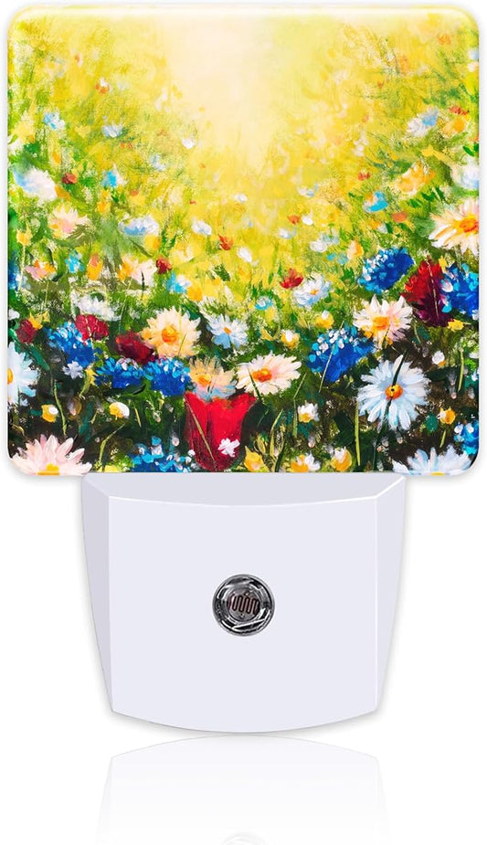 Colorful Daisies Flowers Night Light, Abstract Floral Oil Painting Dusk to Dawn Night Light Plug in, 0.5w Energy Saving Sleep Friendly NightLight for Kids Boys Girls Home Decor