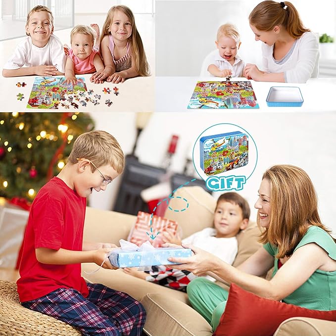 LELEMON Puzzles for Kids Ages 4-8 Transportation Vehicles Jigsaw Puzzles for Kids Boys Girls 100 Pieces Fire Truck Car Learning Educational Puzzles in a Metal Box