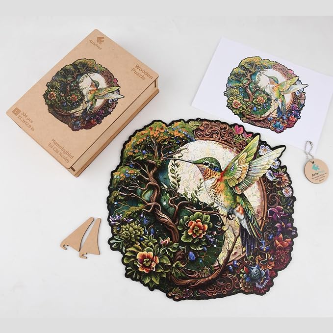 Wooden Jigsaw Puzzle for Adults - Hummingbird Tai Chi Unique Animal Shaped, 13.3x12.9in, 300 Pieces, Zen Art, Challenging and Fun Gift