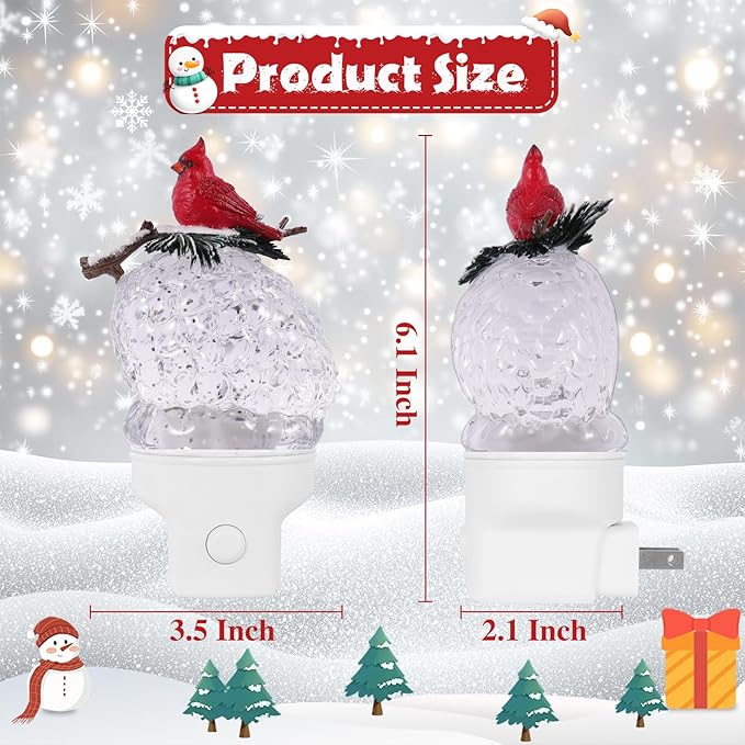 Christmas Night Light Plug into Wall Glitter Water Nightlight with USB/Outlet Options, Christmas Cardinal and Pinecone Decorative Nightlight for Bedroom Holiday Decorations (Cardinal and Pinecone)