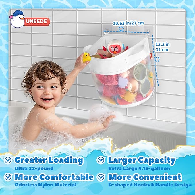 UNEEDE Bath Toy Organizer,4 Gallons Bathtub Toy Storage Organizer,Quick Access Bath Toy Holder for Bathtub,Baby Organizere,Quick Dry Baby for Tub,Mesh Shower Caddy