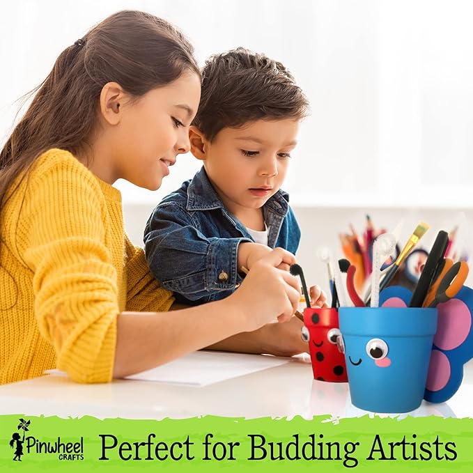 Pinwheel Crafts Flower Pot Painting Kit – DIY Flower Pots to Paint for Kids with 8 Paints, 2 Brushes, 3 Pots & 6 Googly Eyes, Gardening Kit for Kids Ages 8-12+, Kid Planting Crafts Set Birthday Gift