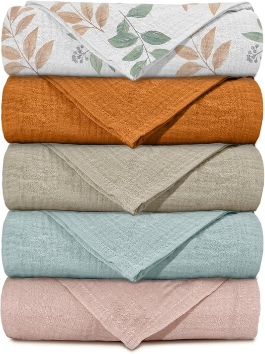 Muslin Receiving Blankets, Neutral Blanket Swaddling for Newborn Boys and Girls, 5 Pack Breathable and Skin-Friendly Swaddle Wrap for Infant Baby (Gentle Colors)